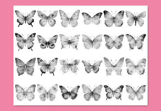 Vector watercolor painted style - butterflies clipart with stipple noise texture effect
