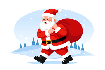 Cartoon illustration of smiling Santa Claus walking with a large red sack of gifts, wearing a traditional red suit with black belt, gold buckle and black boots on a snowy winter landscape