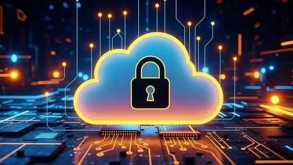 Cloud storage with secure lock on circuit board background computer security