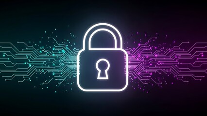 Neon lock with circuit board background and purple and blue lights