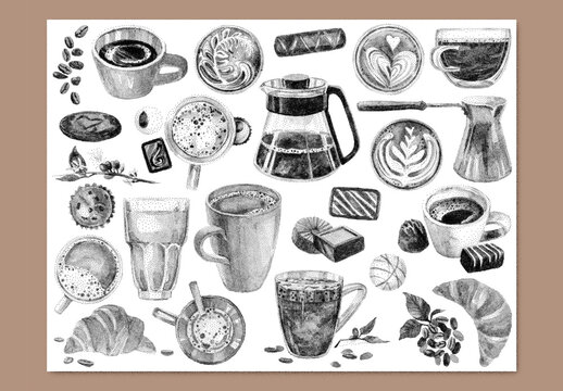 Vector watercolor painted coffee clipart with stipple noise texture effect