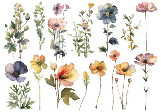Vector watercolor painted style - flowers clipart isolated on white background.