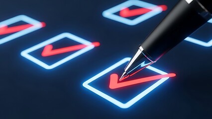 Close-up of pen marking glowing checklist boxes with red checks glowing boxes blue outline