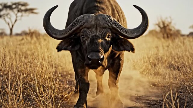 Massive cape buffalo walking forward in dusty dry grass field with large horns. African safari wildlife in natural habitat with a powerful wild animal.