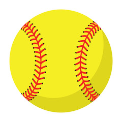 Bright yellow softball ball with red stitching on transparent background, isolated, vector