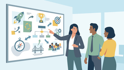 Businesswoman presenting strategy on whiteboard to team. Planning goals vision board concept. Management meeting flowchart rocket trophy target icons. Corporate success roadmap. Leader