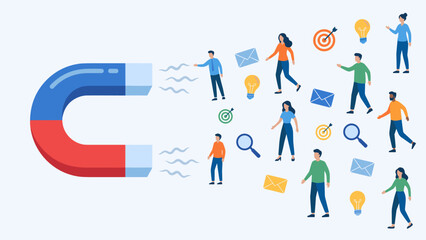 Inbound marketing concept. Large magnet attracting potential customers. Lead generation strategy. Sales funnel. Business advertising. Digital campaign. Target audience. Flat vector.