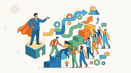 Business leadership concept. Manager with cape guiding team up stairs to success. Motivation and teamwork strategy. Corporate mentor pointing way. Career growth arrows gears.