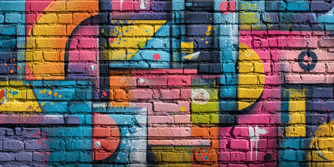 Obraz premium A brick wall background painted with abstract geometric graffiti. Multicolored painted shapes. An old, battered wall. Street art.