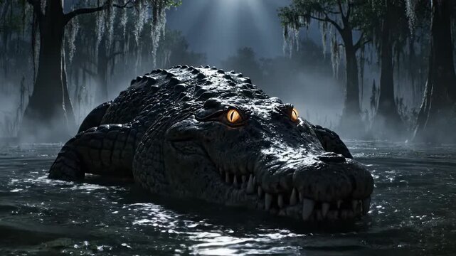 A large alligator emerges from the dark swamp water with glowing orange eyes in a mysterious bayou habitat