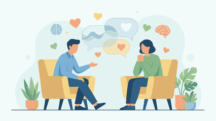 Mental health therapy counseling. Psychologist talking to patient. Psychotherapy conversation support. Emotional wellness help. Psychology consultation. Empathy dialogue. Brain mind.