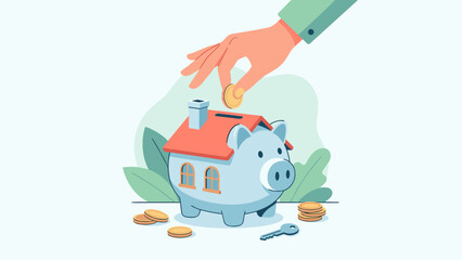Hand putting gold coin into piggy bank house. Saving for new home concept. Real estate investment. Mortgage down payment. Financial planning. Buying property. Money box.