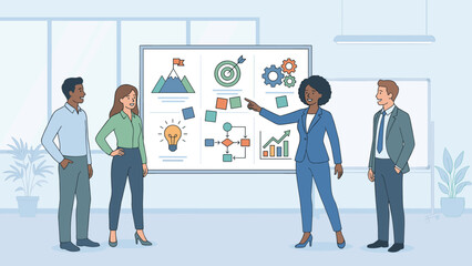 Business meeting presentation. Leader pointing at strategy whiteboard. Strategic planning goals. Corporate management teamwork. Office analysis chart. Success concept. Project planning.