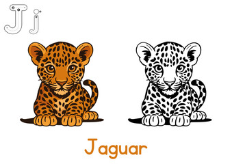 Alphabet coloring page letter J with Jaguar, coloring page for kids, J for Jaguar, J large, Clear letter J next to a friendly cartoon Jaguar, Educational page, Thick outlines, Black and white