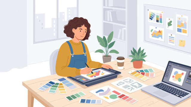 Creative graphic designer woman working at desk with digital tablet. Freelance illustrator drawing vector art in home office studio. Artist workplace with laptop and color swatches. - Powered by Adobe