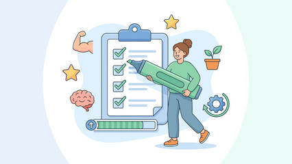 Personal goal tracking and habit building concept, woman checking off tasks on large checklist, productivity progress bar, mental health, self improvement, motivation and time management illustration