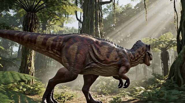 A giant tyrannosaurus moves through a prehistoric jungle environment. Concept of ancient life and dinosaur habitat during the Jurassic period.