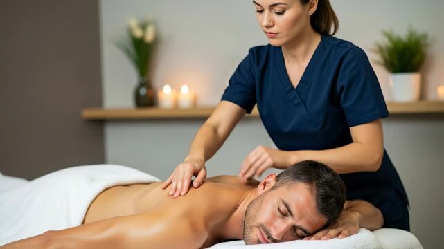 Female masseur giving a full body massage to a young man. Relaxing treatment for health and wellness. Spa therapy with professional masseuse.