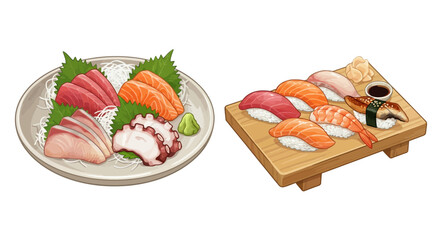 Delicious sushi selection on a plate and a wooden board, showcasing various fish pieces and garnishes, viewed from directly above.