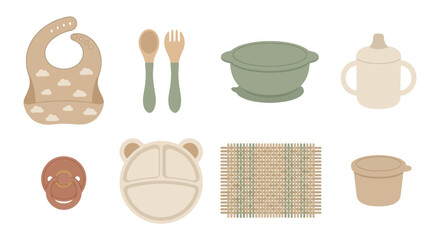 Illustration of baby items including bib, utensils, and feeding accessories arranged in a grid against a white background