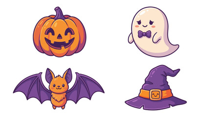 Halloween icons featuring a pumpkin, ghost, bat, and witch hat on a white background from a straightforward viewpoint