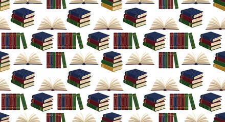 A collection of colorful books and open pages arranged in a repeating pattern on a clean white background