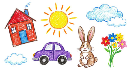 A colorful illustration of a house, car, and rabbit under a sunny sky with flowers