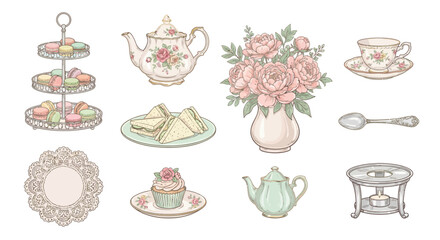 A collection of tea party items including teapot, flowers, and pastries on a white background