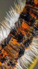 Close-up macro shot revealing the intricate details and hairy texture of a caterpillar's body with black, orange, and white segments.