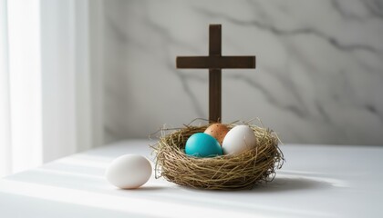 Minimalist Easter eggs in a natural nest with a wooden Christian cross