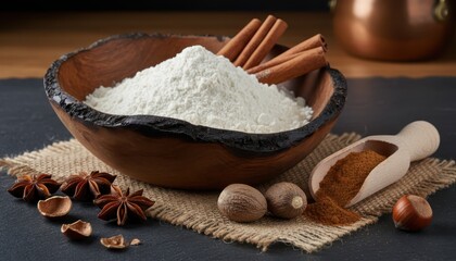 Essential holiday baking ingredients still life featuring flour, cinnamon sticks, star anise, and nutmeg