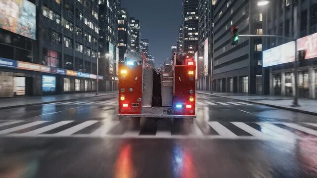 Red fire truck driving through city street at night concept. Emergency vehicle with siren lights at wet intersection. Busy metropolis rescue service.