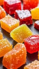 Close-up of vibrant, sugar-coated fruit jellies in various colors like red, orange, and yellow, arranged on a dark surface, showcasing their translucent texture.