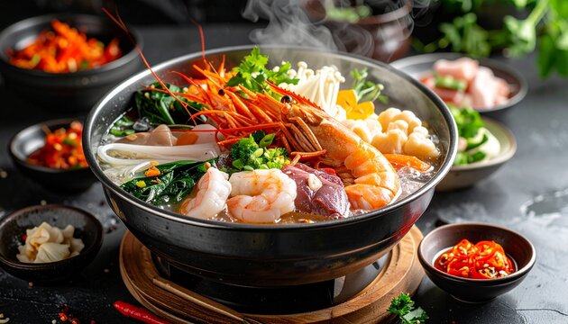 Seafood Hot Pot Shabu-Shabu. Japanese Fine Dining Luxury Set Up