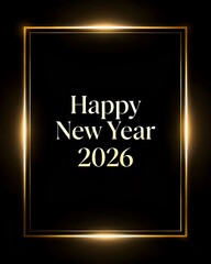 Happy New Year 2026 Golden Text in Elegant Glowing Frame on Black Background - Celebration Greeting Card Design