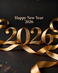 Happy New Year 2026 golden ribbon greeting on a dark background. Festive celebration for the upcoming year.