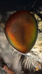 Detailed macro shot of an insect's iridescent compound eye with intricate facets and vibrant colors.
