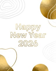 Happy New Year 2026 Celebration Greeting. Modern Festive Design with Gold Abstract Shapes on White Background.