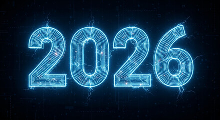 Glowing blue neon number 2026 on dark background with sparkling lines and bright lights, futuristic design element