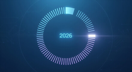 Futuristic blue loading circle with glowing 2026 text and white light effect on dark background with radial lines