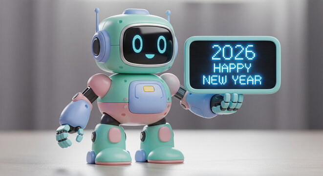 Cute robot holding digital sign with 2026 happy new year message in bright blue glowing letters on gray background, new year's celebration concept with futuristic technology