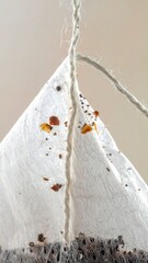 Close-up of a pyramid-shaped tea bag with string and visible tea leaves, showing some stains on its surface.