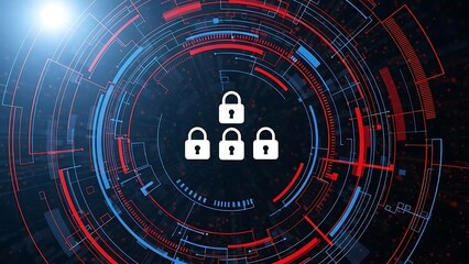 Three white closed lock centered in glowing circular red and blue digital network background