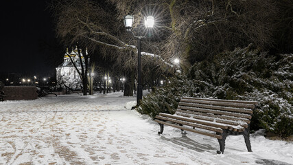Snowy Path with Empty Wooden Bench and Lights