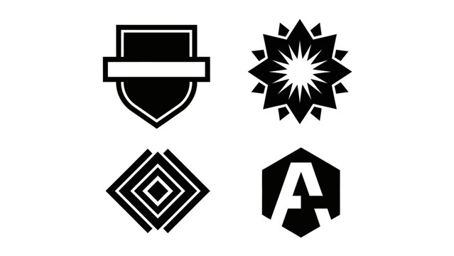Collection of four diverse abstract geometric logos in black and white monochrome - Powered by Adobe