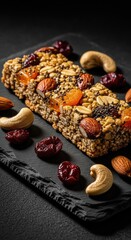 Healthy energy bar packed with almonds, cashews, dried cranberries, and seeds, presented on a dark slate surface, offering a wholesome and delicious snack option for active lifestyles.