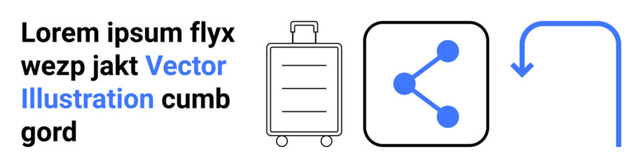 Obraz premium Travel, navigation, digital sharing, communication, technology, location tracking. A suitcase, a sharing icon and a directional arrow. Travel and navigation movement and connectivity
