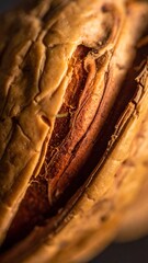 Extreme close-up of a cracked walnut revealing its intricate texture and rich brown interior.