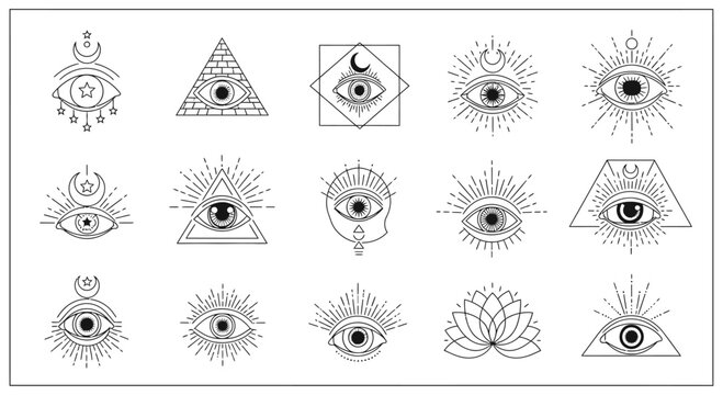 Collection of mystical eye symbols and celestial elements in a minimalist line art style