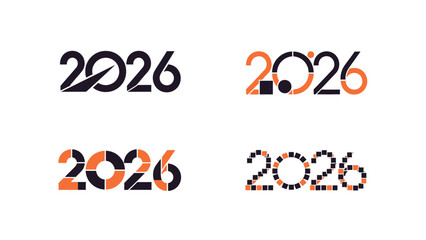 Collection of stylized 2026 year numbers in black and orange featuring abstract designs and